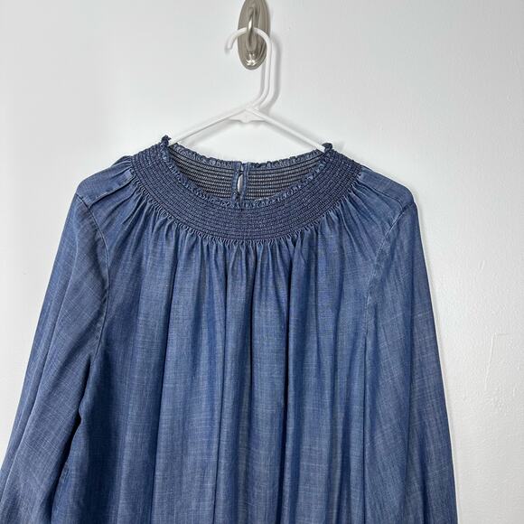 Loft Womens L Chambray Smoked Lyocell Blue Long Sleeve Blouse Casual Lightweight - Picture 3 of 6